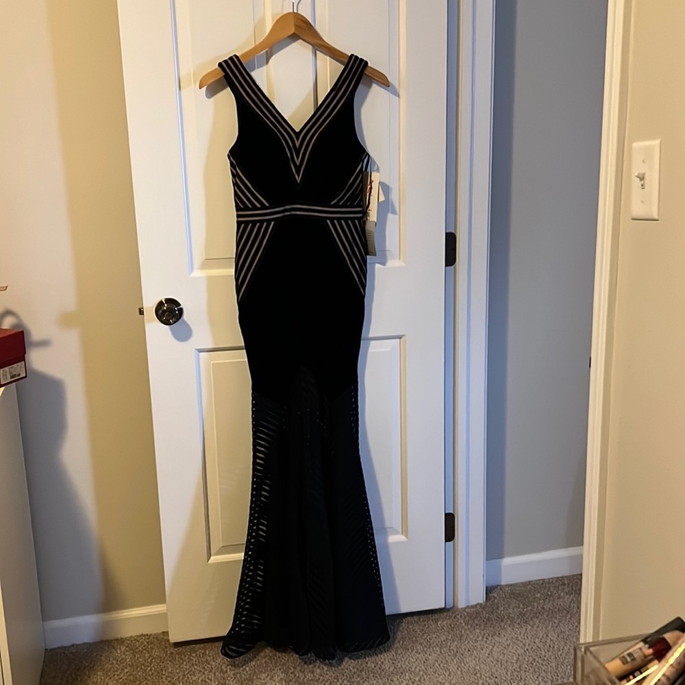 Black formal petite dress with nude details